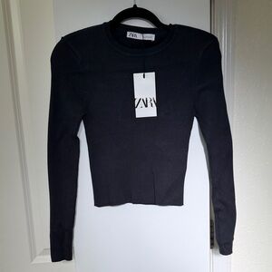 Zara Women's Dark Gray Ribbed Long Sleeve Top